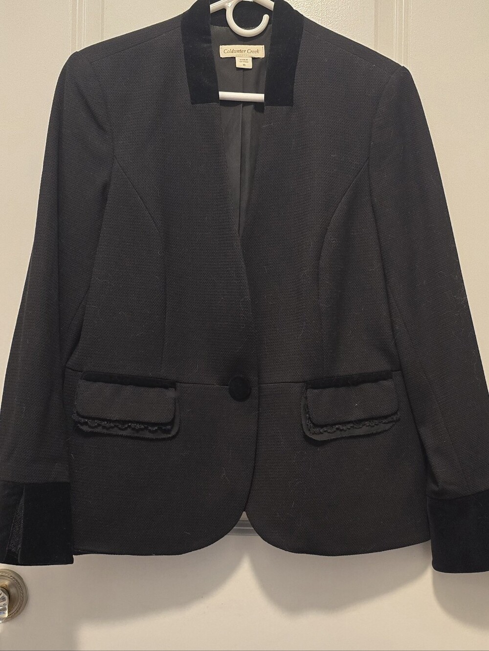Coldwater Creek Black Velvet & Lace Trim Women's Blazer Size 10